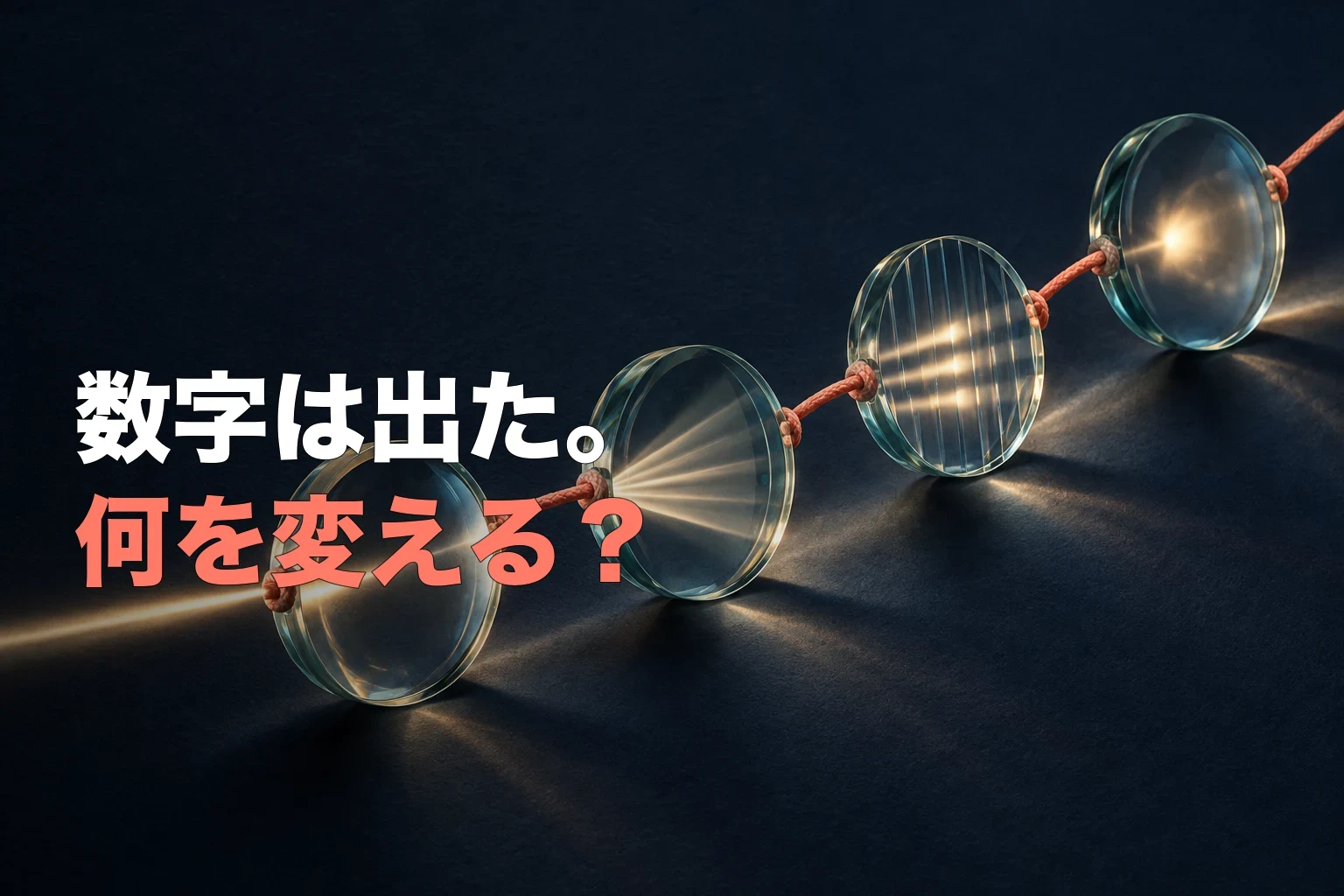 深いネイビーの背景で、一本のコーラル色の紐につながれた四枚の光学レンズが同じ光を異なる形に屈折させる編集ビジュアル