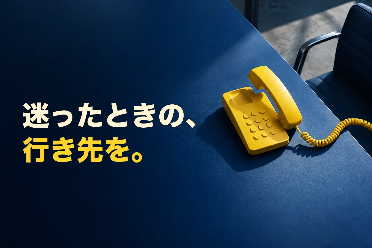 『迷ったときの、行き先を。』というコピーの横に、受話器が持ち上がり、コードの先に空席が見える黄色い固定電話を置いた編集写真
