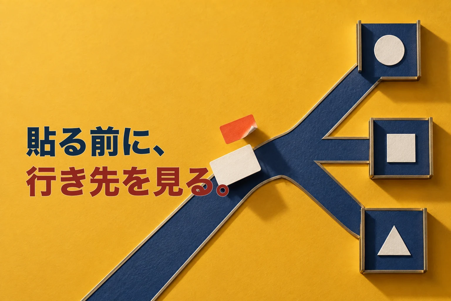 『貼る前に、行き先を見る。』というコピーの横で、ラベルを貼る前の白いカードが三つの異なる出口へ分かれる紺色の紙工作の道に差しかかる静物
