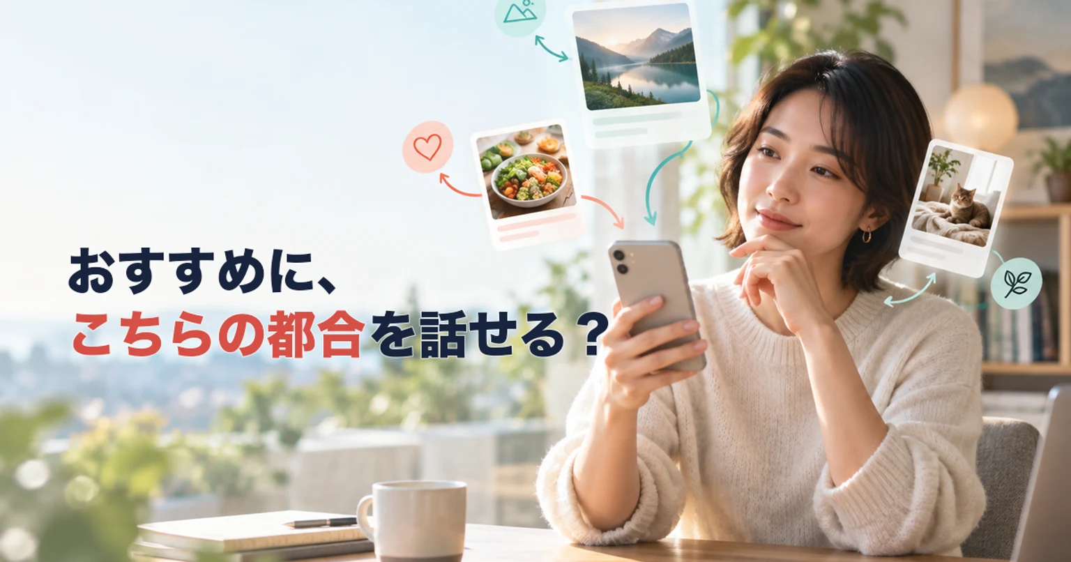 スマートフォンを見ながら、自分が見たい話題を考える女性と、周囲に並ぶ旅行・料理・猫の投稿カード。
