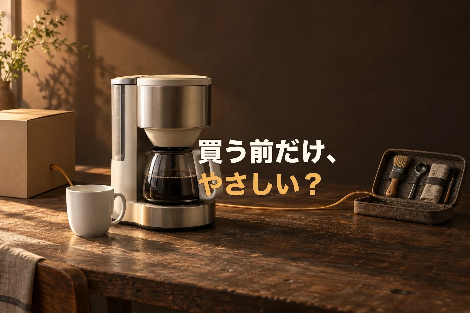 朝の光の中、一台の小型コーヒーメーカーと白いカップを、箱から工具ケースまで一本の琥珀色の線がつなぐ編集ビジュアル