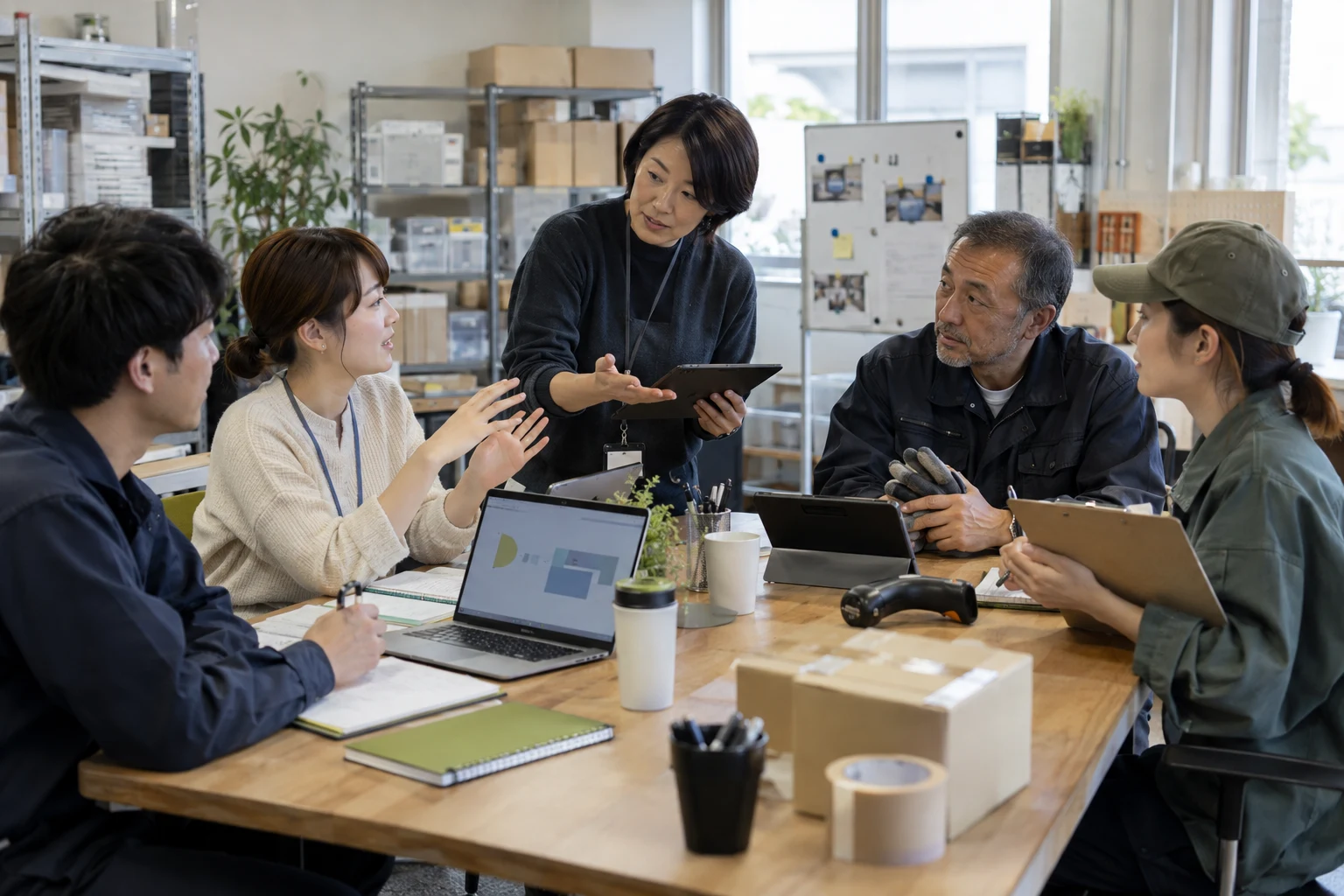 オフィス職、現場職、管理職など役割の異なる5人が、AI導入について同じテーブルで話し合う様子を表した編集部制作ビジュアル。