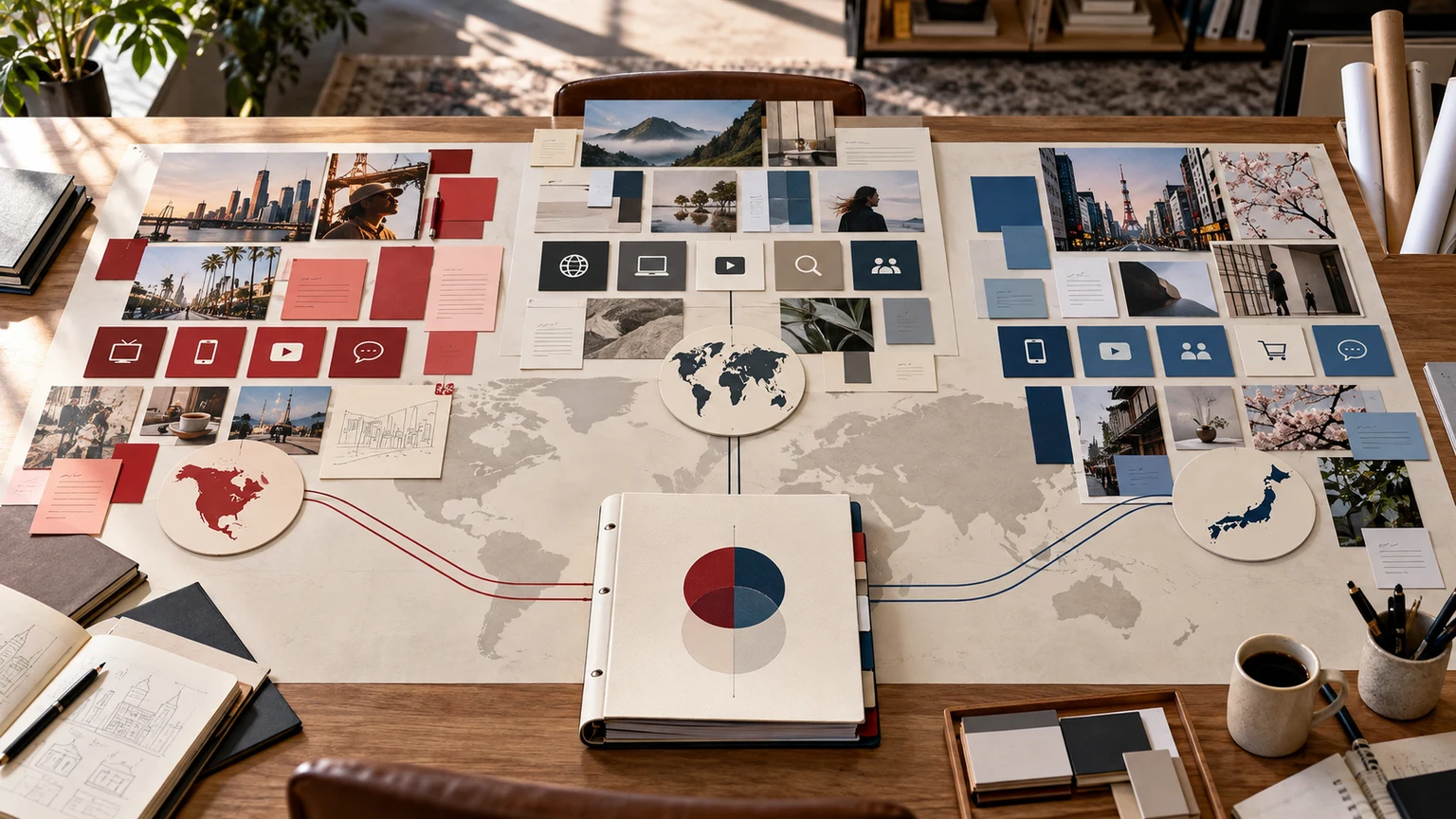 世界地図を広げた企画テーブルで、共通のブランド資料から世界、北米、日本の三つのメディア計画へ線が伸びている。