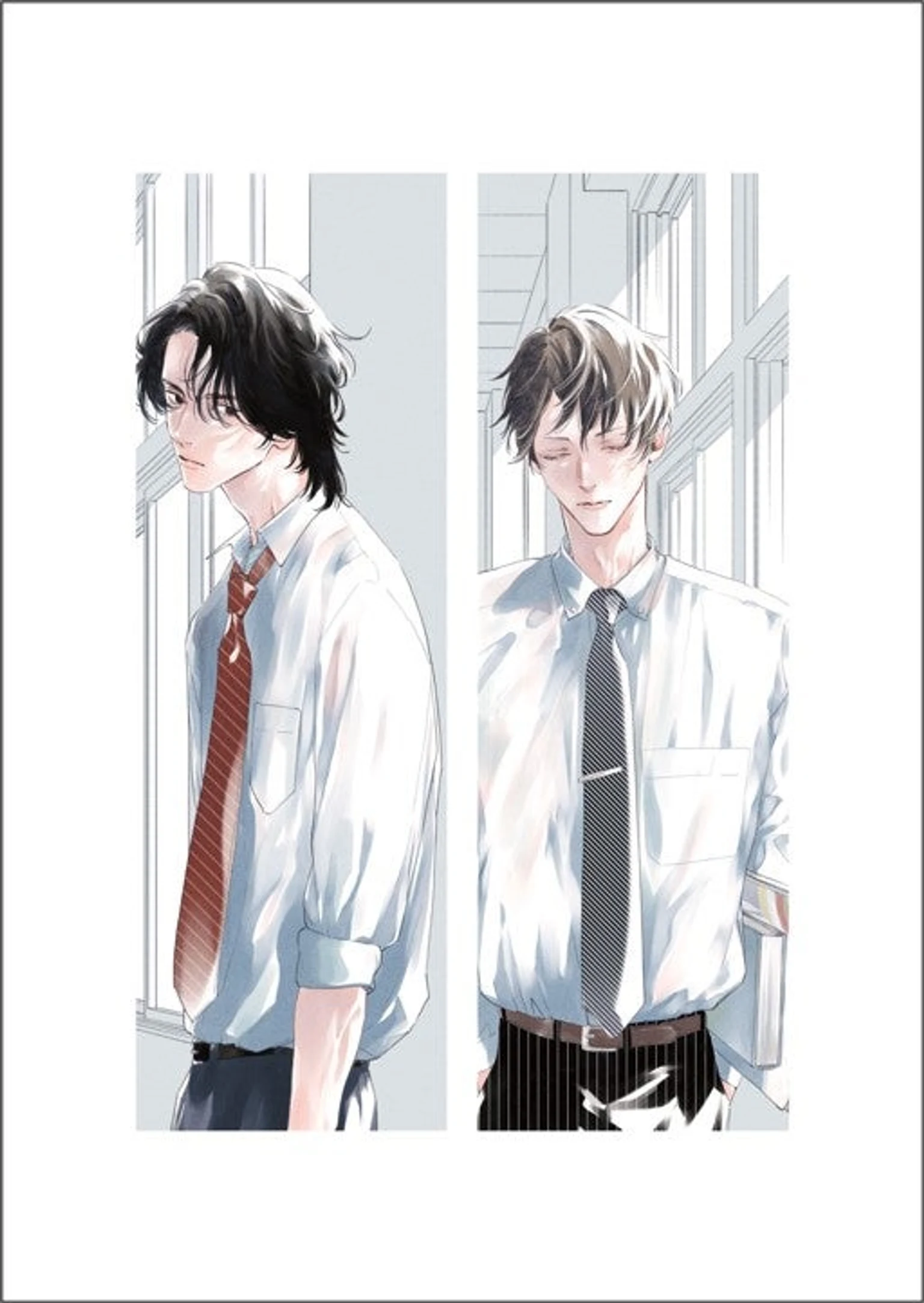 新装版『未完成』のカバーイラスト。窓辺に立つ二人の男性が描かれている。