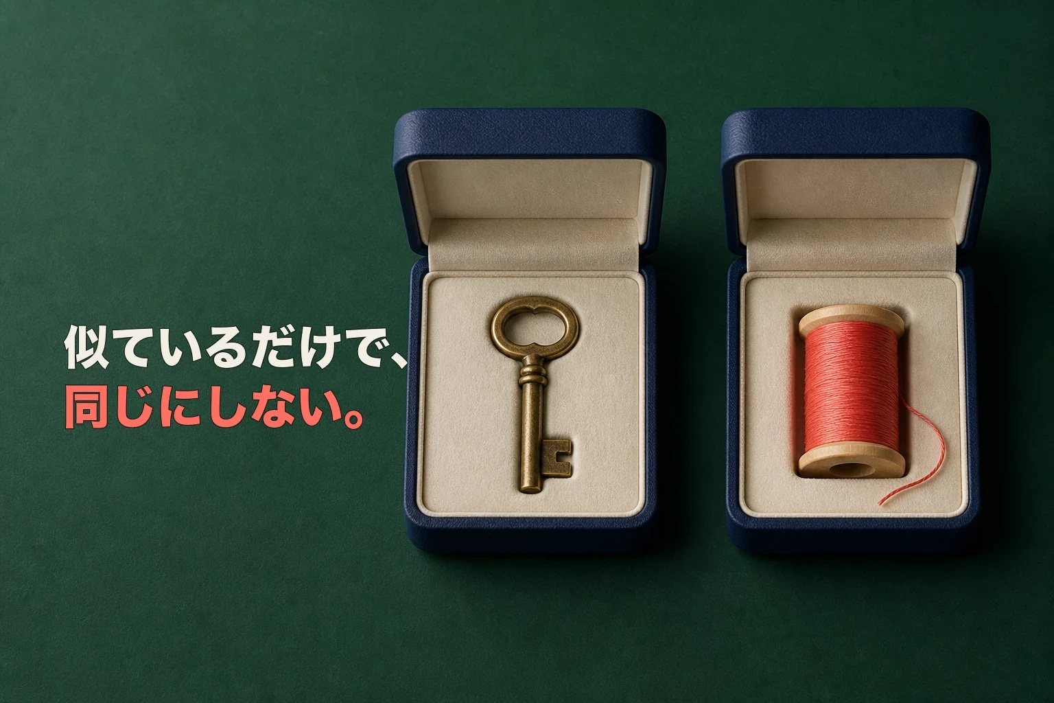『似ているだけで、同じにしない。』と示し、外形が同じ二つの紺色の箱に、真鍮の鍵と赤い糸巻きを分けて収めた編集写真